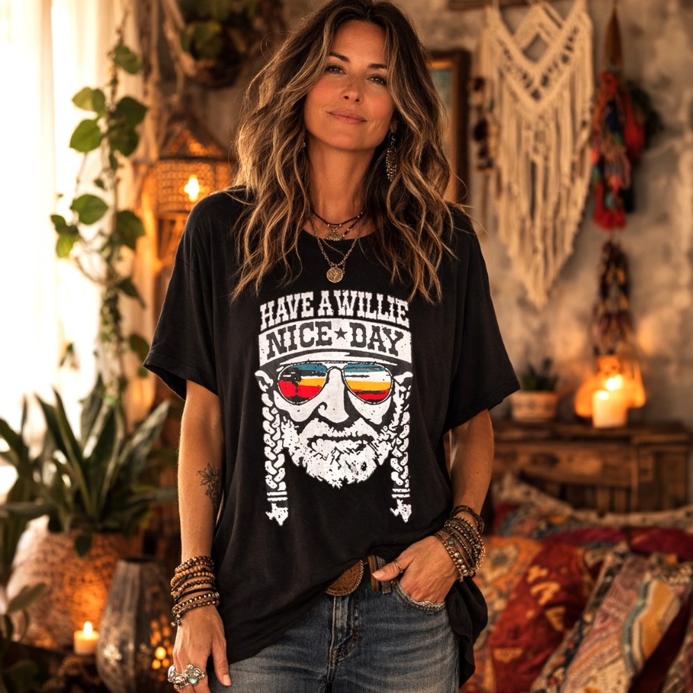 WILLIE NELSON Have a Willie Nice Day Stretch Country Graphic Hippie Shirt Sz XL